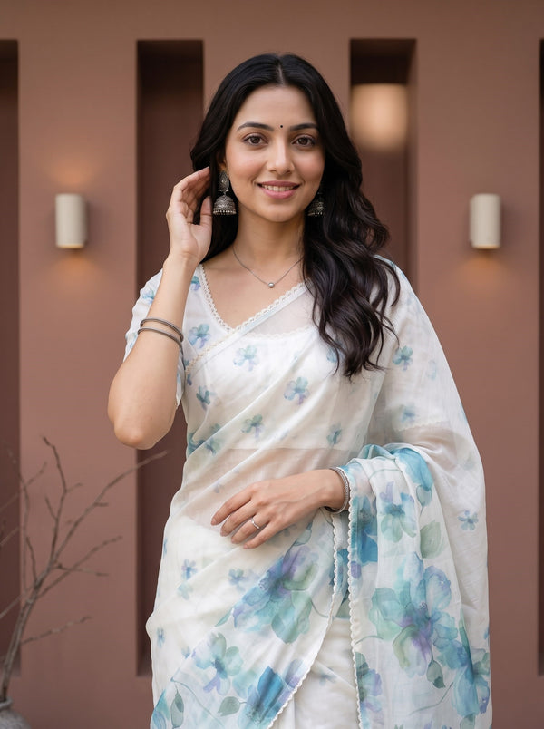Chanderi Cotton Cream Saree with Blue Watercolor Floral Print