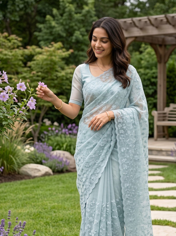 Net Kota Powder Blue Floral Lace Embroidery Saree