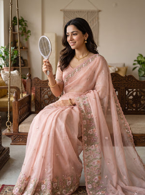 Organza Peach Floral Sequin Embroidered Saree
