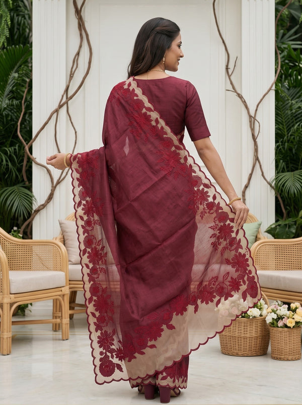 Semi Tussar Maroon Red Floral Applique Embroidered Net Cutwork Pallu Saree with Scalloped Border