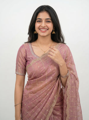 Shimmer Organza Dusty Rose Zari Threadwork Saree with Scalloped Border