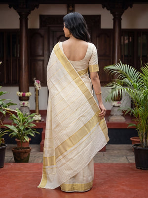 Cotton Cream Off-White Gold Ladder Stripe Checkbox Border Kerala Saree