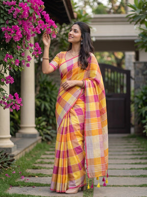 Linen Yellow Orange Pink Madras Kattam Tasseled Saree