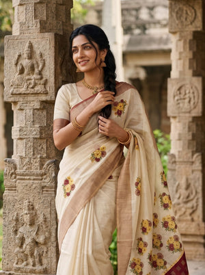 Tissue Cream Kerala Saree with Floral Bouquet Print Pallu, Checkered Maroon Golden Border