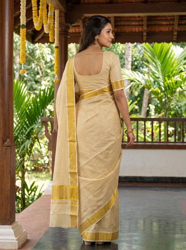 Tissue Cream Gold Pinstripe Onam Special Kerala Saree