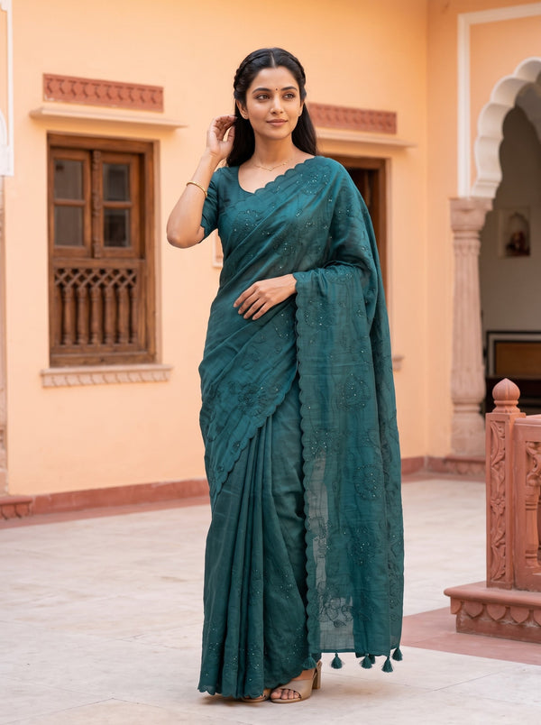 Semi Tussar Bottle Green Floral Vine Embroidered Sequin Saree with Tassel Pallu