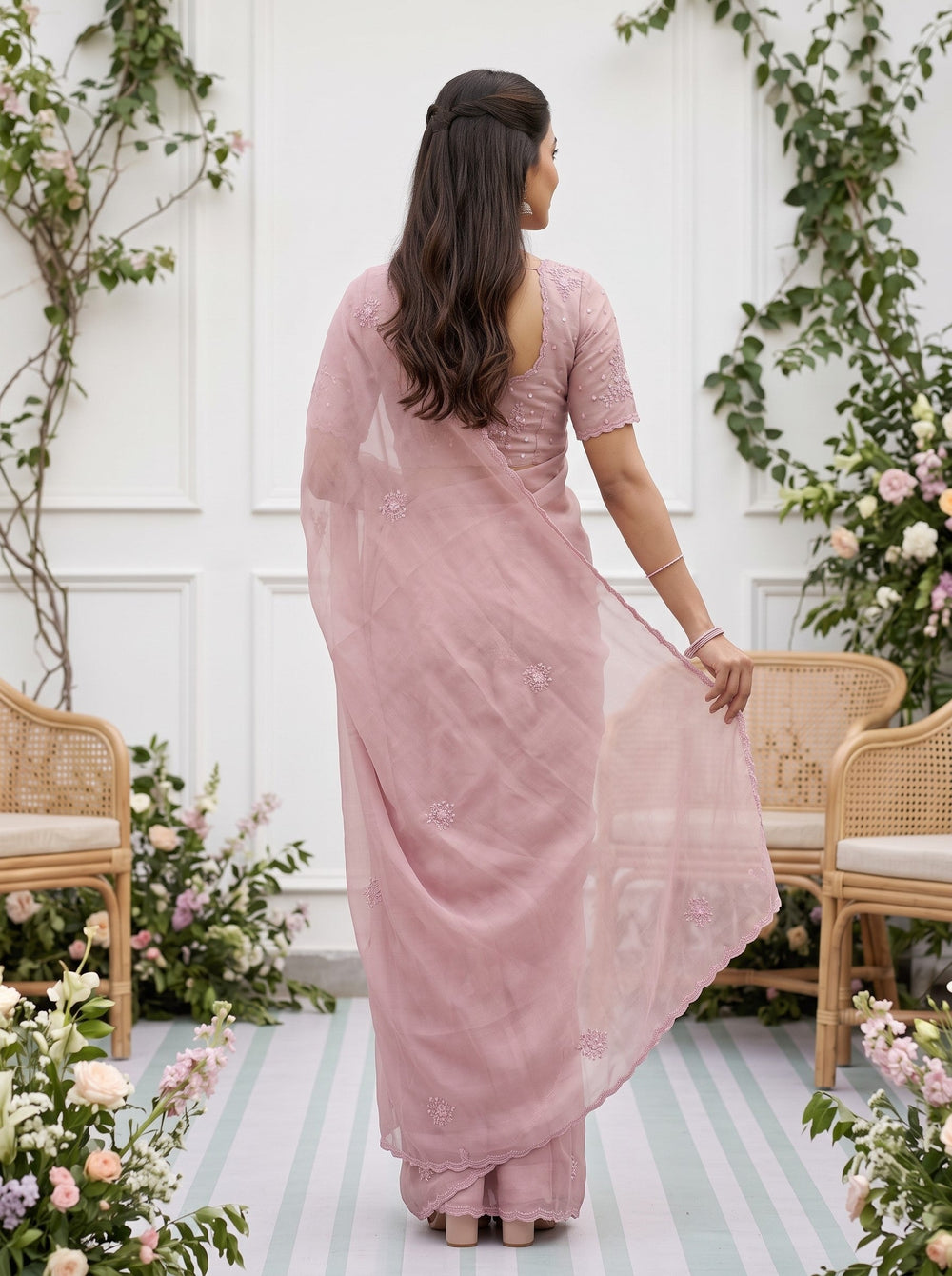 Organza Baby Pink Self Embroidered Floral Sprig Butta Sequin Bead Work Saree