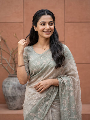 Mul Chanderi Sage Green Saree with Watercolor Floral Outline Print