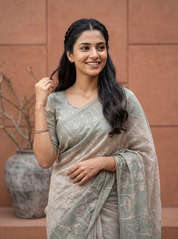 Mul Chanderi Sage Green Saree with Watercolor Floral Outline Print