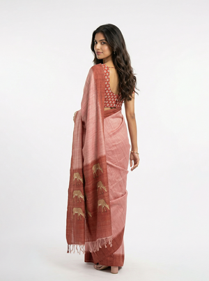 Semi Jute Peach Pink Contrast Border Saree