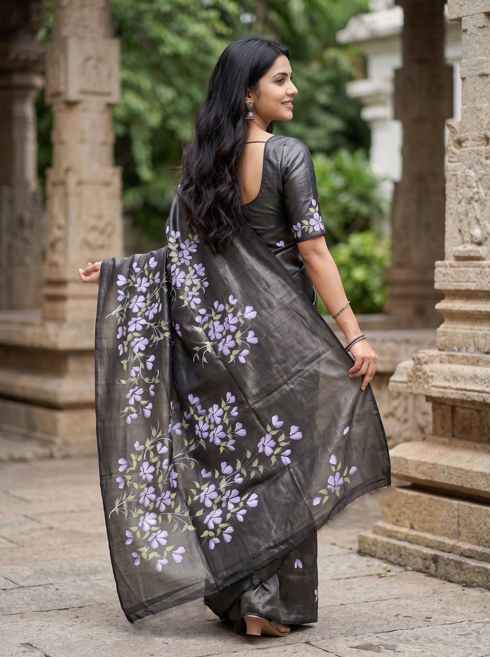Tussar Silk Black Saree with Hand Painted Floral Brush Print Pallu