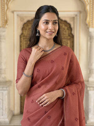 Semi Silk Red Checkered Saree with Floral Butta Design