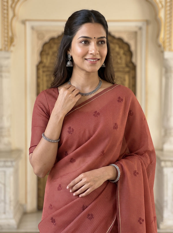 Semi Silk Red Checkered Saree with Floral Butta Design