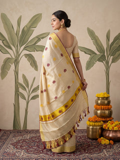 Tissue Cream Golden Checked With Multicolor Lotus Print Onam Special Kerala Saree
