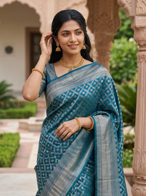 Brocade Silk Peacock Blue Saree with Golden Zari Floral Jaal Weave