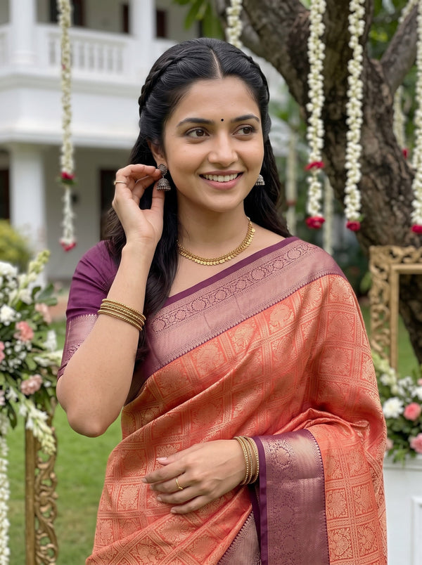 Kanjivaram Brocade Saree in Rust Orange with Wine Zari Floral Pallu