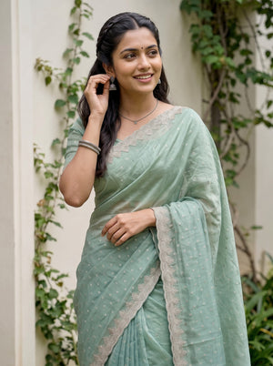 Chiffon Sea Green Golden Sequin Polka Dot Saree with Scalloped Lace Border