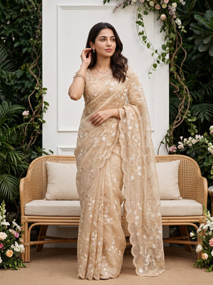 Organza Champagne Saree with Floral Vine and Scalloped Edge