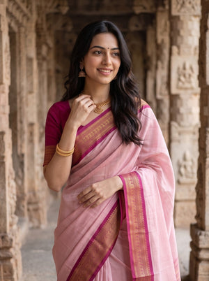 Semi Silk Pink Saree with Maroon Zari Floral Border