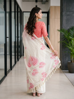 Cotton Ivory Pink Anthurium Print Saree