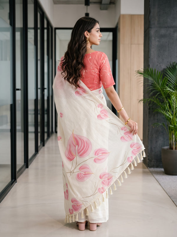 Cotton Ivory Pink Anthurium Print Saree