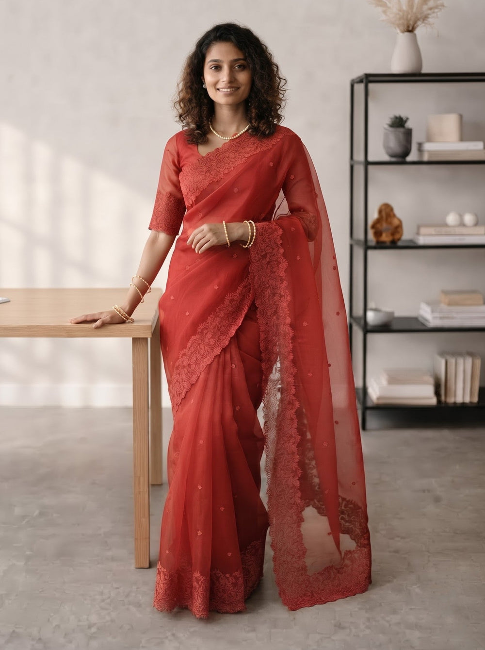 Organza Red Saree with Floral Lace Border