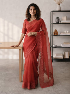 Organza Red Saree with Floral Lace Border