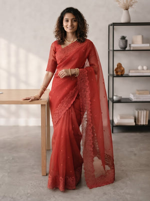 Organza Red Saree with Floral Lace Border