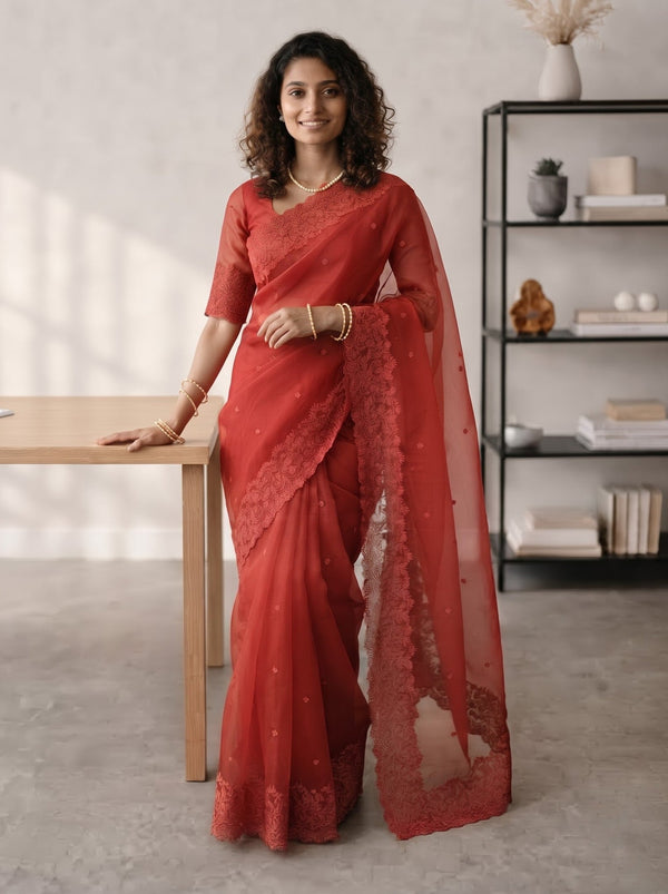 Organza Red Saree with Floral Lace Border