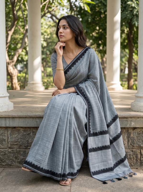 Linen Slate Blue Grey Check Black Lace Cutwork Border Saree