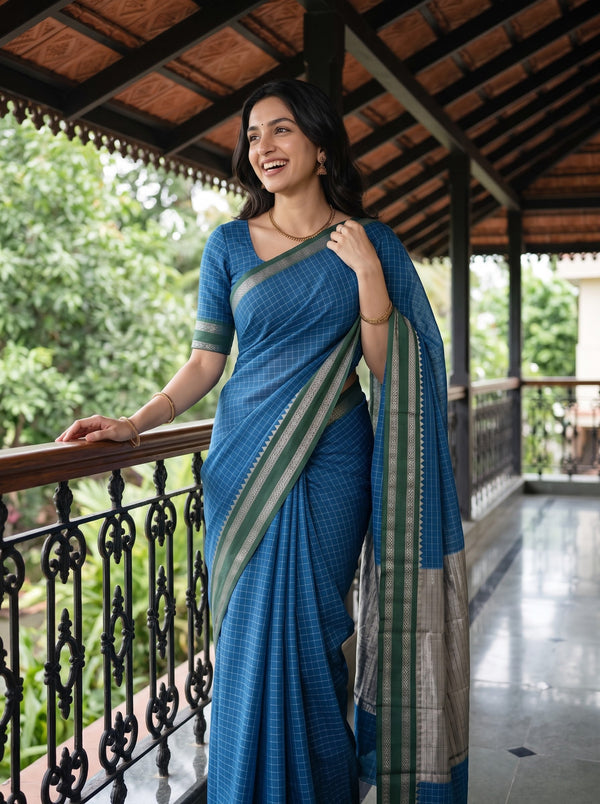 Cotton Silk Blue Checkered Silver Zari Border Saree