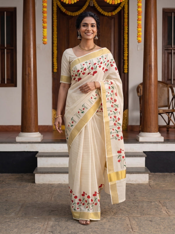 A woman wearing a cream-colored cotton saree with red floral embroidery and yellow borders, standing in front of a traditional house doorway decorated with yellow garlands.