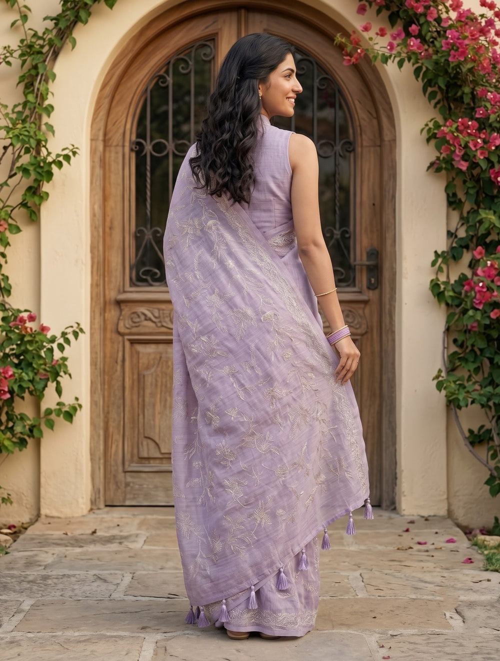 Semi Tussar Lilac Cream Floral Vine Embroidered Saree with Tassel Pallu