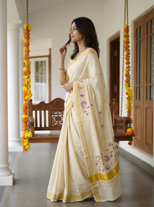Tissue Cream Embroidered Floral  Onam Special Kerala Saree with Golden Border