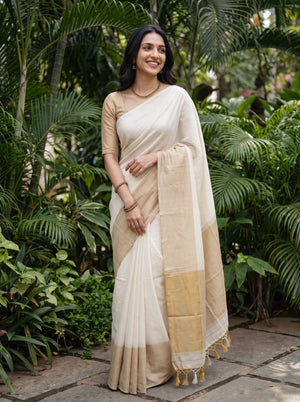 Cotton Cream Plain Body Broad Golden Tissue Zari Pallu Kasavu Border Crochet Tassel Kerala Saree
