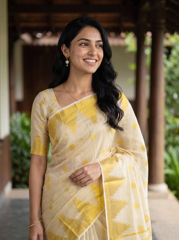 Tissue  Cream Golden Polka Dot Temple Border Onam Kerala Saree