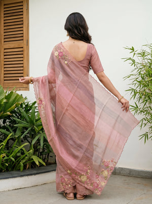 Tissue Dusty Rose Pink Yellow Applique Floral Embroidered Pallu Saree