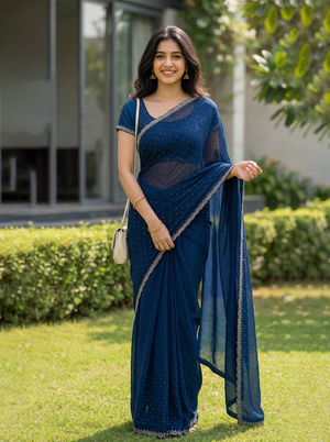 Georgette Navy Blue Stone Studded Saree with Pearl Beaded Border