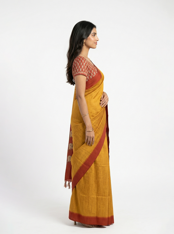 Semi Jute Mustard Yellow Traditional Design Saree