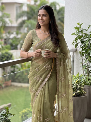 Chiffon Olive Green Sequin Floral Branch Saree