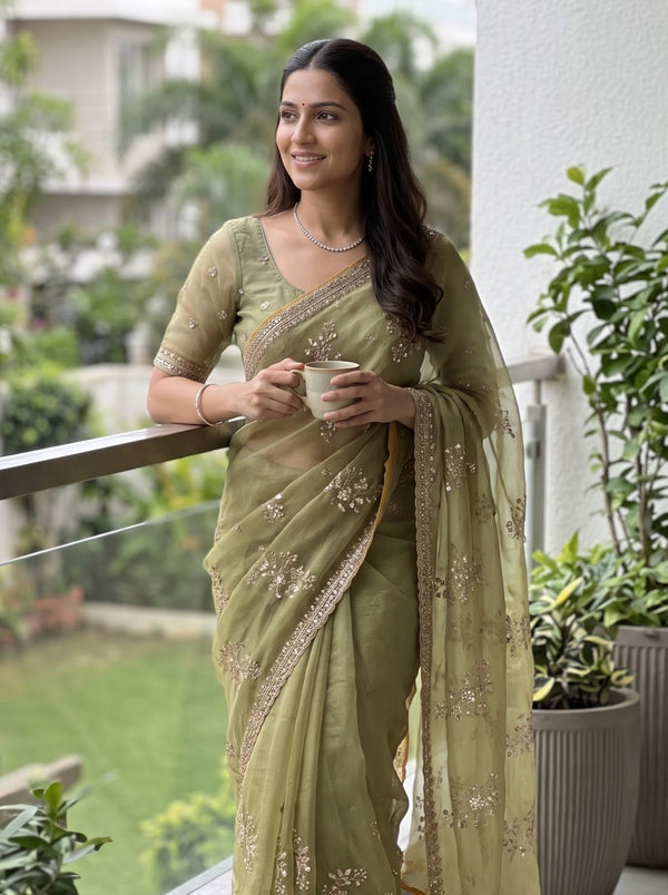 Chiffon Olive Green Sequin Floral Branch Saree