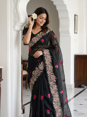 Organza Black Red Rose Embroidered Saree