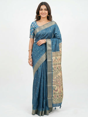 Jute Blue Kalamkari Border Saree