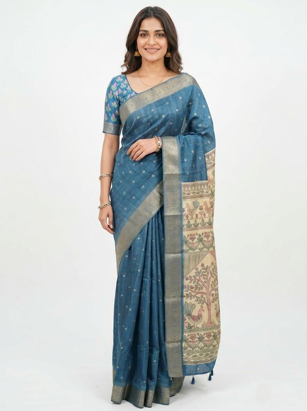 Jute Blue Kalamkari Border Saree