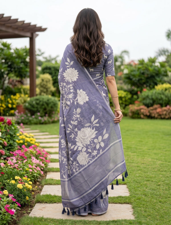 Linen Periwinkle Blue White Floral Print Saree