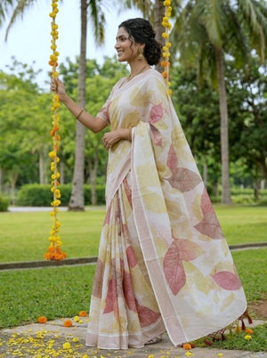 Tissue Silk Cream Autumn Leaf Print Onam Special Kerala Saree