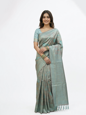 Semi Silk Sage Green Floral Woven Saree
