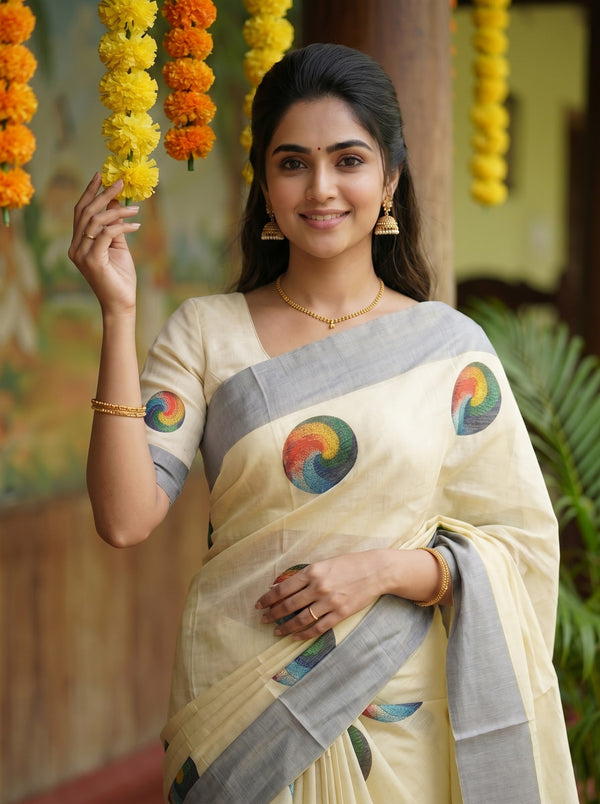 Tissue Cream Multicolor Swirl Motif with Grey Border Onam Special Kerala Saree