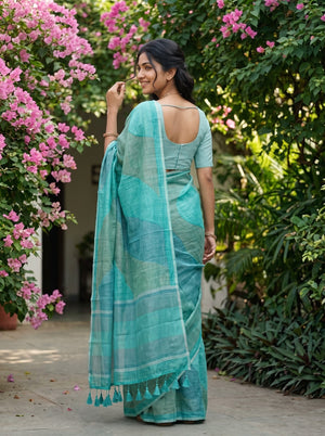 Linen Sea Green Abstract Ombre Wave Saree