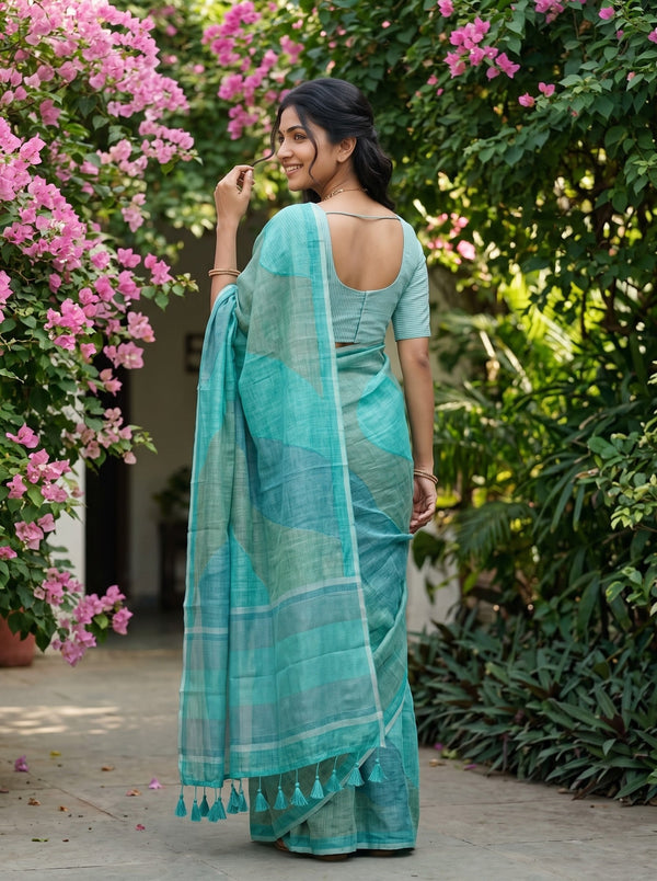 Linen Sea Green Abstract Ombre Wave Saree